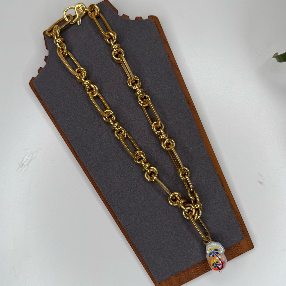Martha Calvo 14K Gold Plated Palm Pearl Necklace Paperclip Chain - Picture 5 of 10